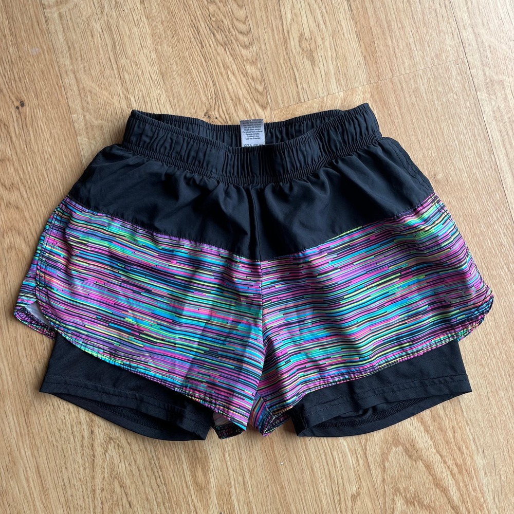 Champion C9 Girls Black Neon Striped 2-in-1 Running Shorts Duo Dry Size L 10-12